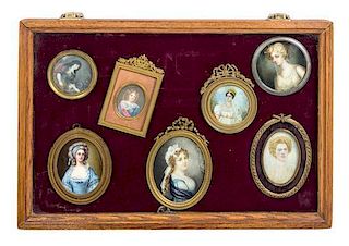 * A Collection of Seven Continental Portrait Miniatures Largest example 3 3/4 x 3 inches.
