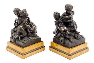 A Pair of Continental Bronze Figural Groups Height of taller 8 3/4 inches.
