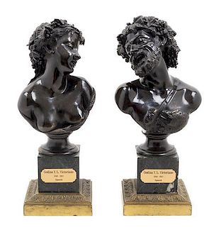 * A Pair of Continental Bronze Busts Height 13 3/4 inches.