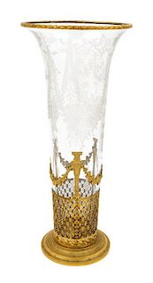 A Continental Gilt Metal Mounted Etched Glass Vase Height 17 inches.