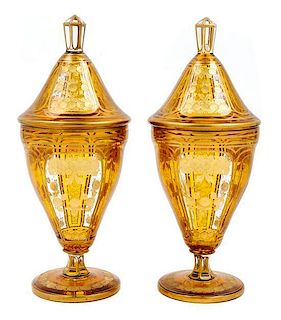 * A Pair of Wheel Cut and Gilt Decorated Glass Jars Height 13 1/4 inches.