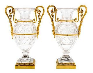A Pair of Gilt Bronze Mounted Cut Glass Vases Height 10 1/4 inches.