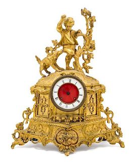 A Continental Gilt Bronze Mantel Clock Height overall 15 1/2 inches.
