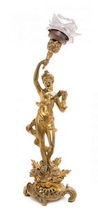 * A Continental Gilt Bronze Figural Lamp Height 22 1/2 inches.