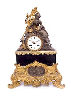 * A Continental Cast and Parcel Gilt Figural Mantel Clock Height 18 1/2 inches.