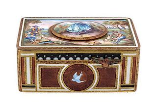 A Continental Enameled Singing Bird Box Height 2 x width 4 x depth 2 1/2 inches.