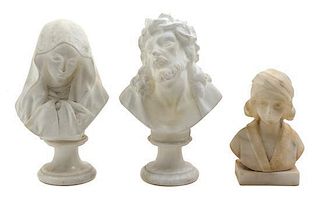 A Group of Three Continental Alabaster Busts Height of tallest 8 inches.