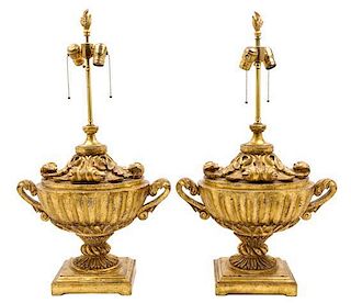 A Pair of Continental Giltwood Urns Height overall 31 1/2 inches.