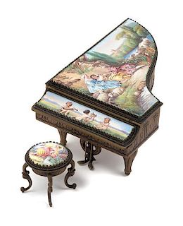 A Viennese Enameled Piano and Stool Height of piano 2 1/4 x width 3 1/8 x depth 4 7/8 inches.