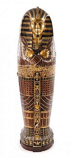 An Egyptian Style Painted Composition Sarcophagus Cabinet Height 75 x width 21 x depth 20 inches.