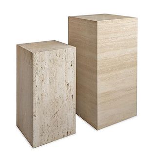 Two Travertine Marble Pedestals Height of taller 40 inches.