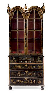 A Queen Anne Lacquered Bookcase Height 94 1/2 x width 39 1/2 x depth 20 1/2 inches.