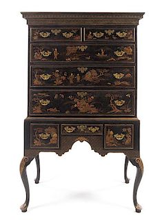 A Queen Anne Style Japanned Chest of Drawers Height 66 x width 40 x depth 22 1/2 inches.