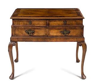 A Queen Anne Style Burl Walnut Chest of Drawers Height 30 x width 35 x depth 23 1/2 inches.