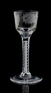 * A Georgian Opaque Twist Wine Stem of Jacobite Interest Height 5 3/4 inches.