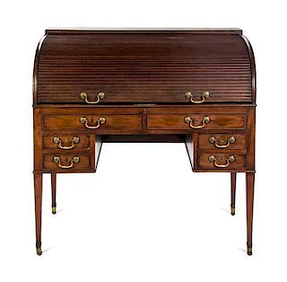 A George III Mahogany Roll Top Desk Height 43 3/8 x width 42 1/8 x depth 28 inches.