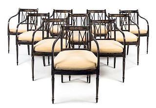 A Set of Twelve George III Black Japanned and Parcel Gilt Armchairs Height 32 1/2 inches.