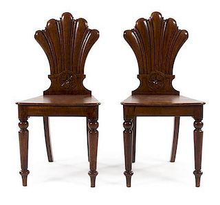 A Pair of Regency Style Oak Hall Chairs Height 37 inches.
