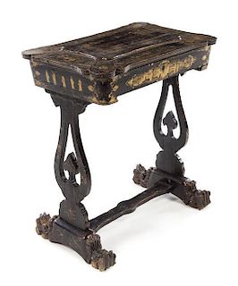 A Regency Lacquered Sewing Table Height 27 1/2 x width 25 1/2 x depth 17 1/2 inches.