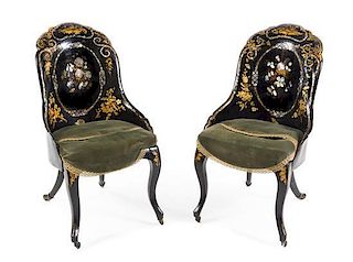 A Pair of Victorian Mother-of-Pearl Inlaid Slipper Chairs Height 34 1/4 inches.