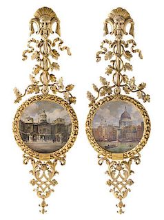 * A Pair of English Painted and Parcel Gilt Wall Appliques Height 60 x width 19 1/2 inches.