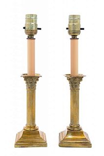 A Pair of English Brass Candlestick Lamps Height 14 inches.