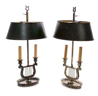 A Pair of Silver-Plate Two-Light Candelabra Height 21 5/8 inches.