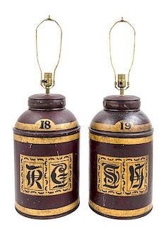 A Pair of English Tole Tea Canisters Height 32 inches.
