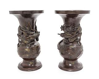 * A Pair of Japanese Bronze Vases Height 14 3/8 inches.