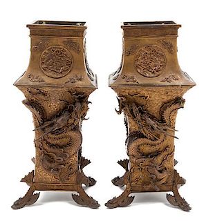 * A Pair of Japanese Bronze Vases Height 18 7/8 inches.