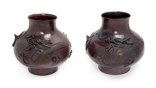 * A Pair of Japanese Bronze Vases Height 10 3/8 inches.