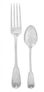 An American Silver Fork and Spoon Service, Tiffany & Co., New York, NY, Shell & Thread pattern, comprising 12 forks and 12 sp