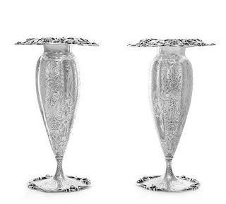 * A Pair of American Silver Vases, Early 20th Century, each having a flared openwork rim worked to show floral and foliate mo