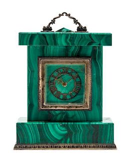 An Italian Silver-Mounted Malachite Desk Clock, Maker's Mark Obscured, the handle worked to show C- and S-scrolls above the c