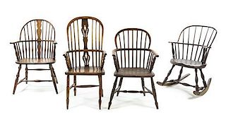An Assembled Set of Four Windsor Chairs Height of tallest 42 inches.