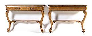 * A Near Pair of American Oak Console Tables Height of taller 29 1/4 x width 39 3/4 x depth 13 inches.