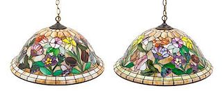 A Pair of American Leaded Glass Hanging Shades Diameter of largest 24 inches.