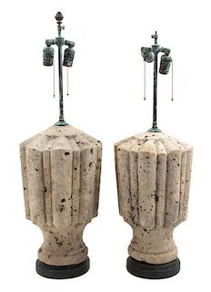 A Pair of Stone Lamps Height overall 29 inches.