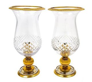 A Pair of Gilt Metal Mounted Cut Glass Hurricane Candlesticks Height 13 1/2 inches.