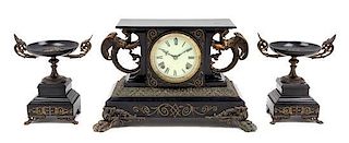 * An American Gilt Bronze Mounted Slate Three-Piece Garniture Height of mantel clock 11 x width 15 inches.