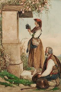 Carlo Polidori (Italian, 19th Century)      Peasant Couple at a Shrine in the Italian Countryside