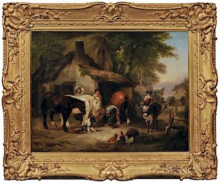 School of William Shayer (British, 1788-1879)      Figures and Animals Before a Smithy
