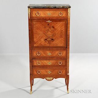Louis XV-style Marble-top Marquetry Secretaire Abbatant
