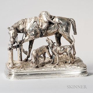 After Alfred Dubucand (French, 1828-1894)    Silvered Bronze Figural Group of a Horse and Hounds