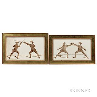 Two Framed Ceramic Plaques Depicting Fencers