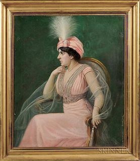 Heinrich Michaelis (German, b. 1837)      Elegant Woman in Pink with a Plumed Turban Hat