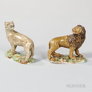 Pair of Staffordshire Pearl-glazed Earthenware Lion and Lioness Figures