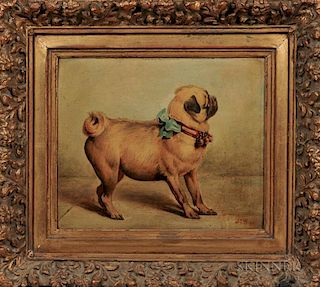 Continental School, 19th Century      Pug with a Collar Bedecked with Bells and a Blue Bow