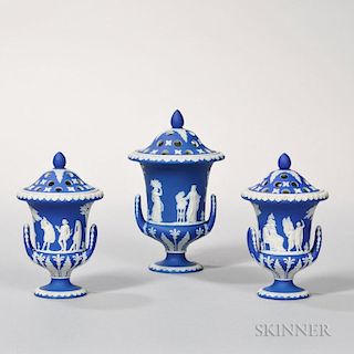 Three Wedgwood Dark Blue Jasper Dip Potpourri Vases and Covers