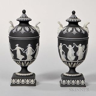 Pair of Wedgwood Black Jasper Dip Vases and Covers